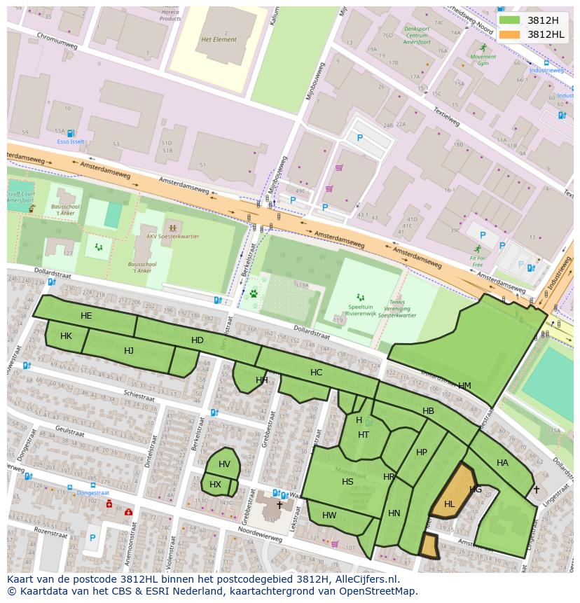 Afbeelding van het postcodegebied 3812 HL op de kaart.