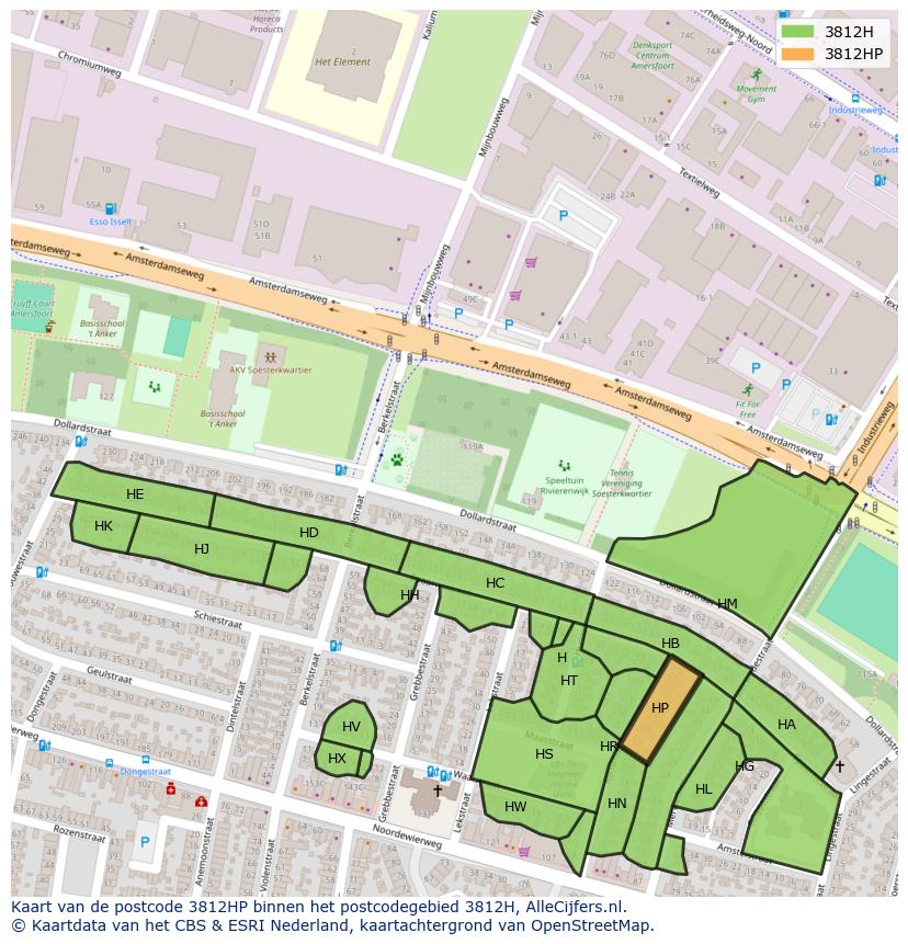 Afbeelding van het postcodegebied 3812 HP op de kaart.
