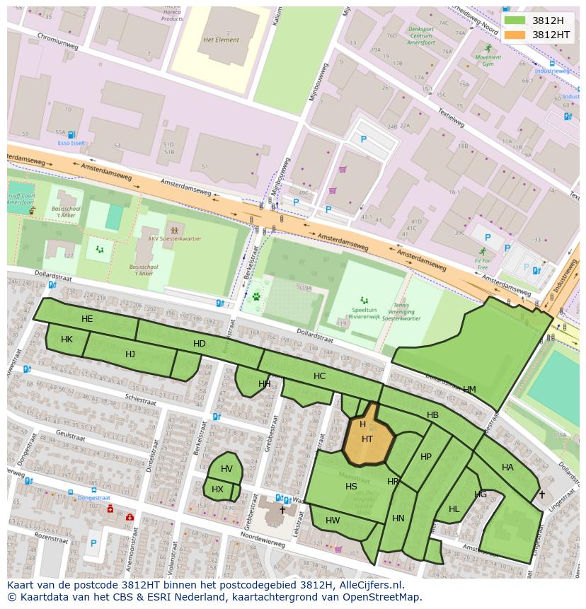 Afbeelding van het postcodegebied 3812 HT op de kaart.