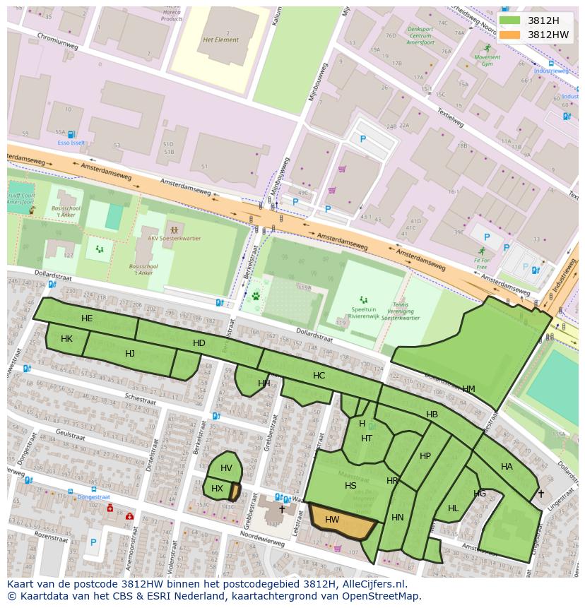 Afbeelding van het postcodegebied 3812 HW op de kaart.