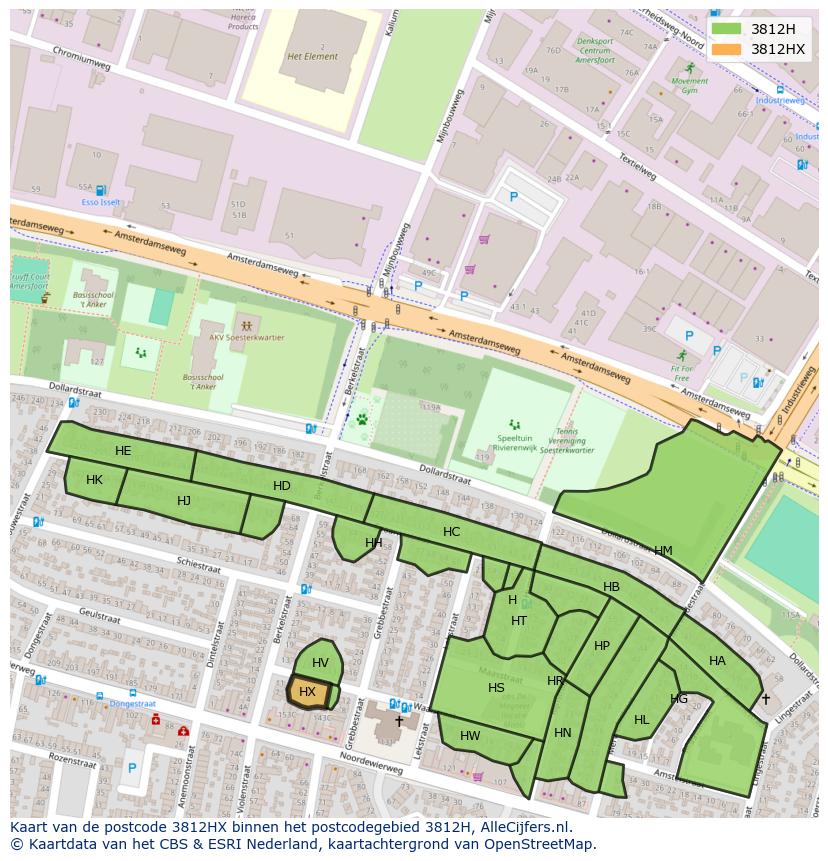 Afbeelding van het postcodegebied 3812 HX op de kaart.