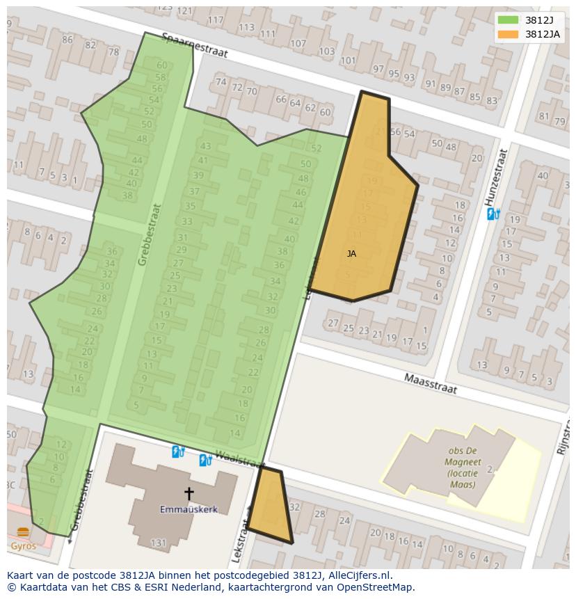 Afbeelding van het postcodegebied 3812 JA op de kaart.
