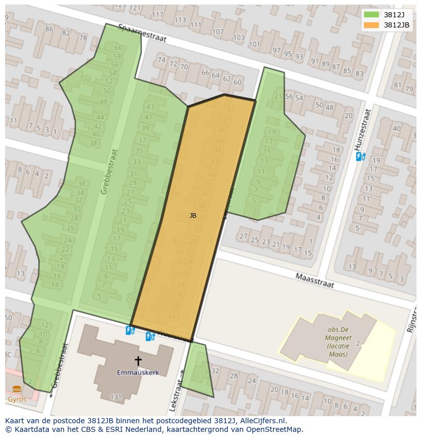 Afbeelding van het postcodegebied 3812 JB op de kaart.