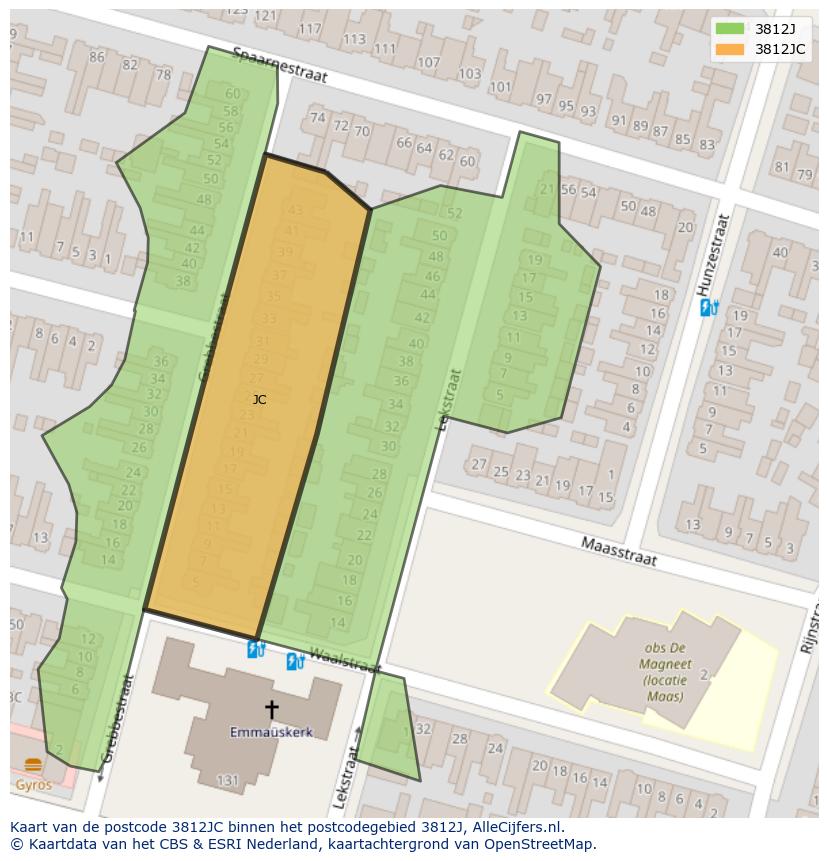 Afbeelding van het postcodegebied 3812 JC op de kaart.