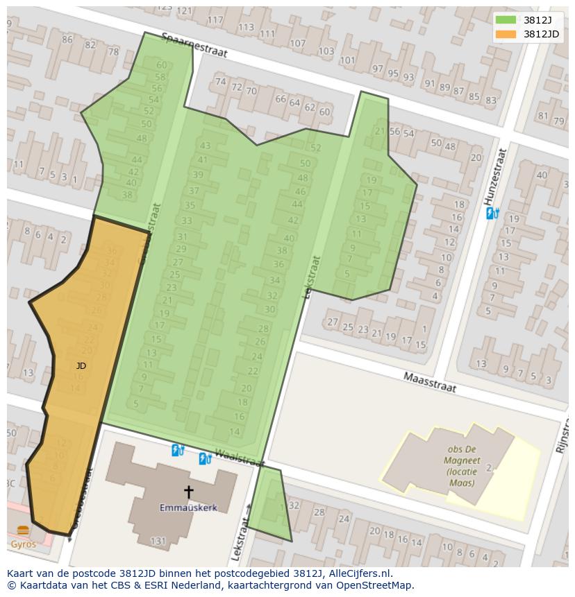 Afbeelding van het postcodegebied 3812 JD op de kaart.