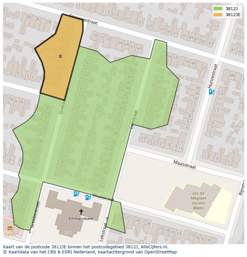 Afbeelding van het postcodegebied 3812 JE op de kaart.