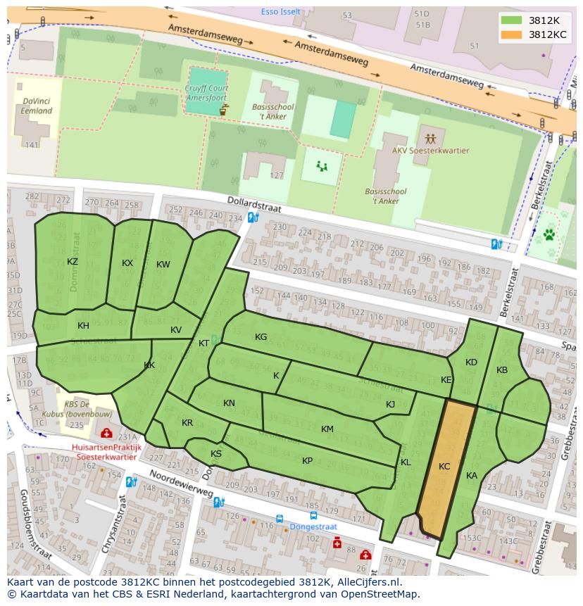 Afbeelding van het postcodegebied 3812 KC op de kaart.