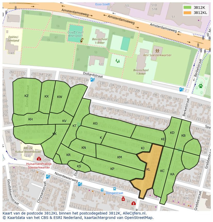 Afbeelding van het postcodegebied 3812 KL op de kaart.