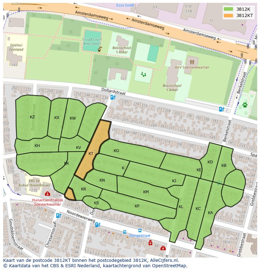 Afbeelding van het postcodegebied 3812 KT op de kaart.