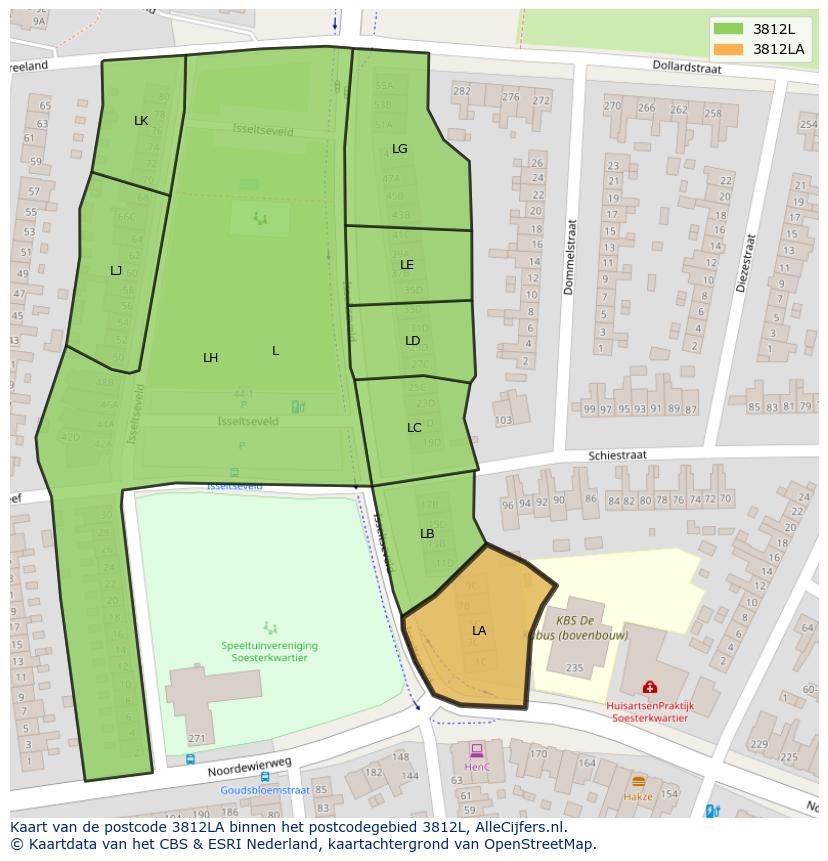 Afbeelding van het postcodegebied 3812 LA op de kaart.