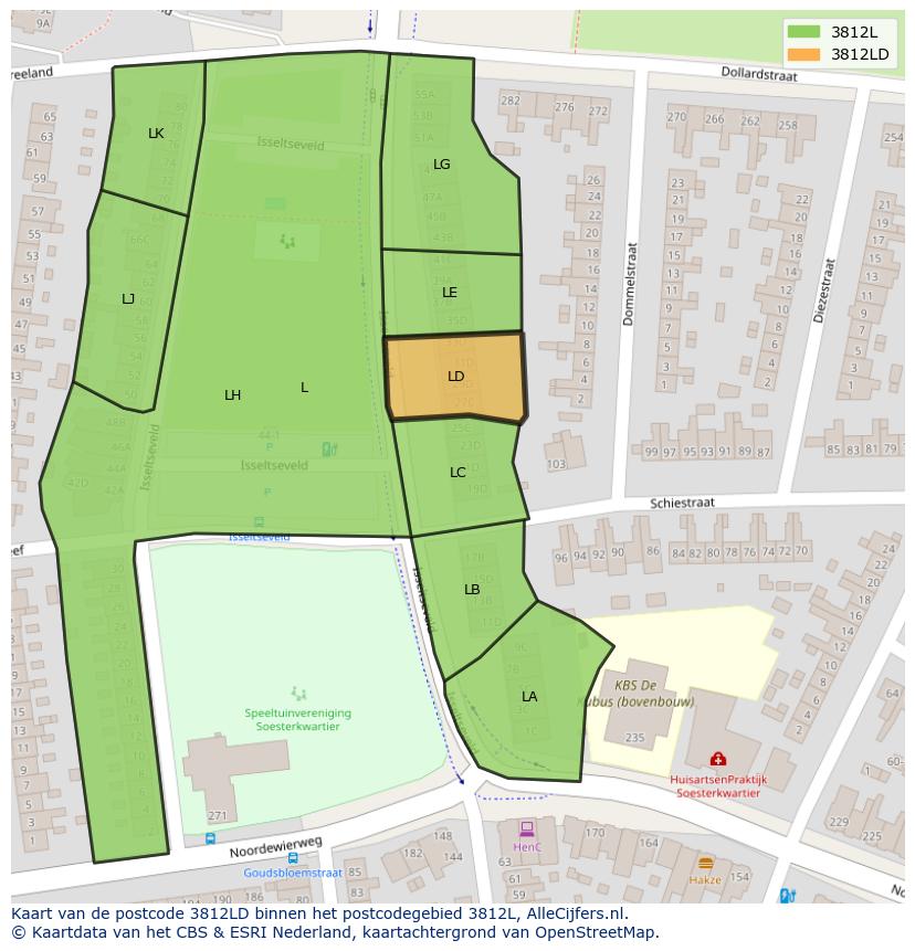 Afbeelding van het postcodegebied 3812 LD op de kaart.