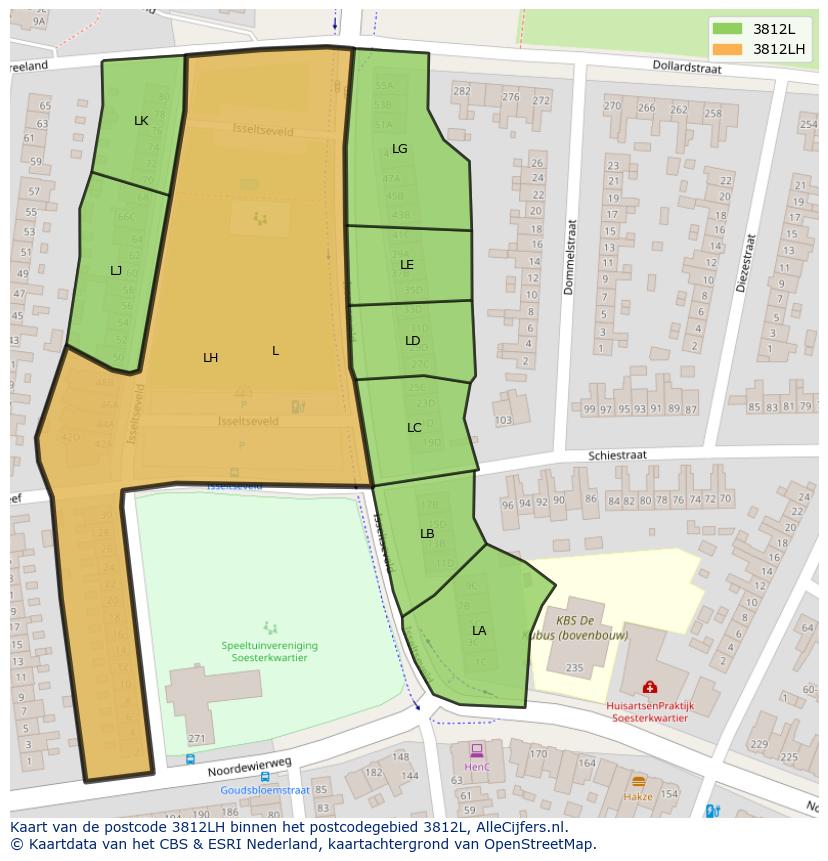 Afbeelding van het postcodegebied 3812 LH op de kaart.