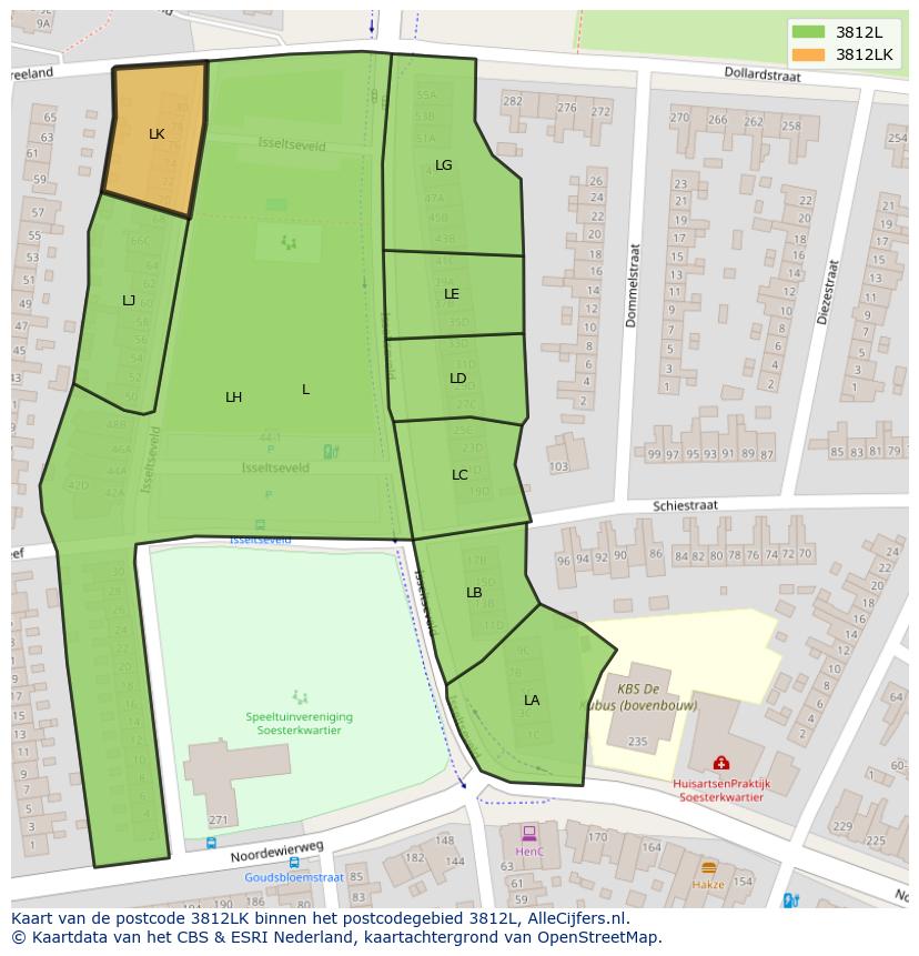Afbeelding van het postcodegebied 3812 LK op de kaart.