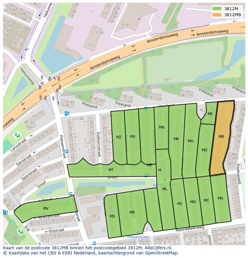 Afbeelding van het postcodegebied 3812 MB op de kaart.