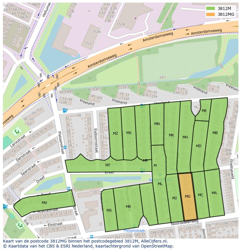 Afbeelding van het postcodegebied 3812 MG op de kaart.