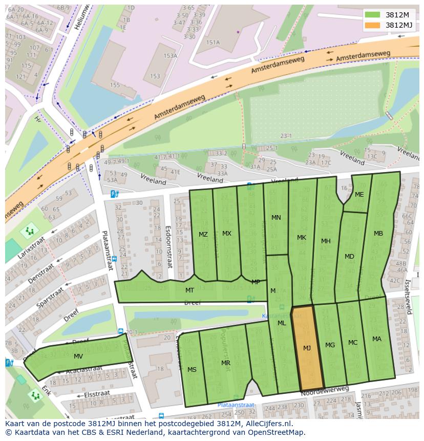 Afbeelding van het postcodegebied 3812 MJ op de kaart.