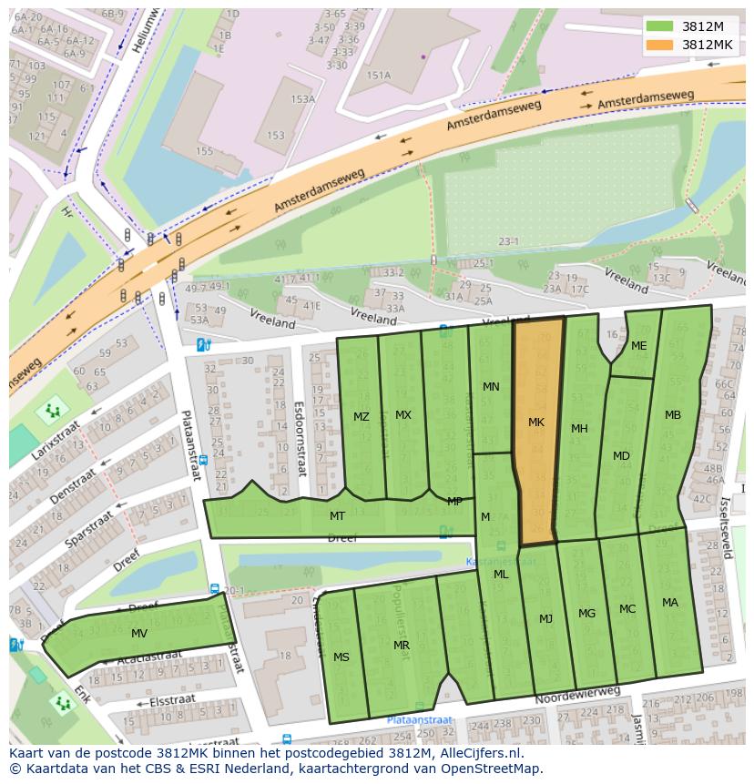 Afbeelding van het postcodegebied 3812 MK op de kaart.