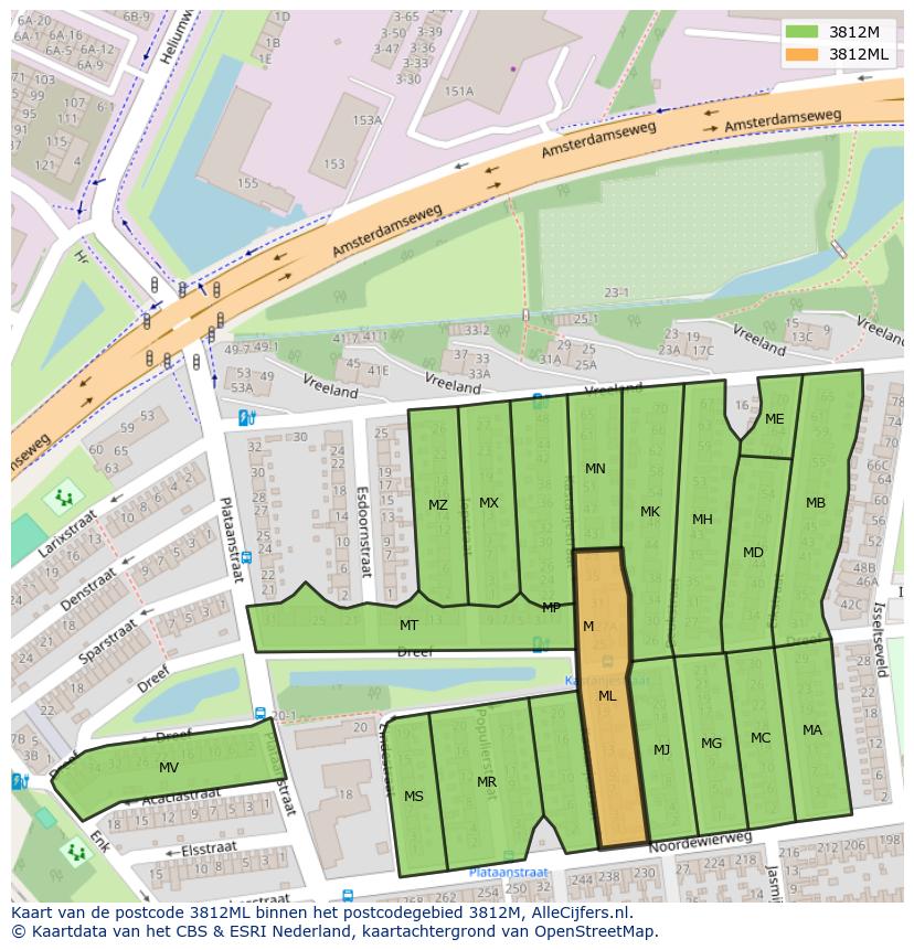 Afbeelding van het postcodegebied 3812 ML op de kaart.