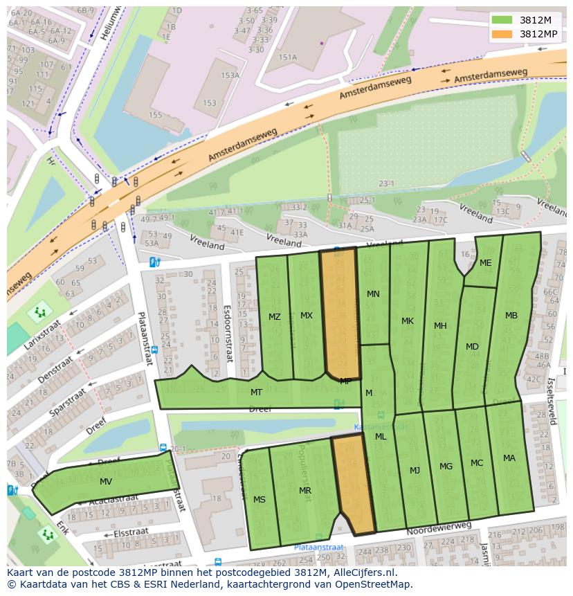 Afbeelding van het postcodegebied 3812 MP op de kaart.