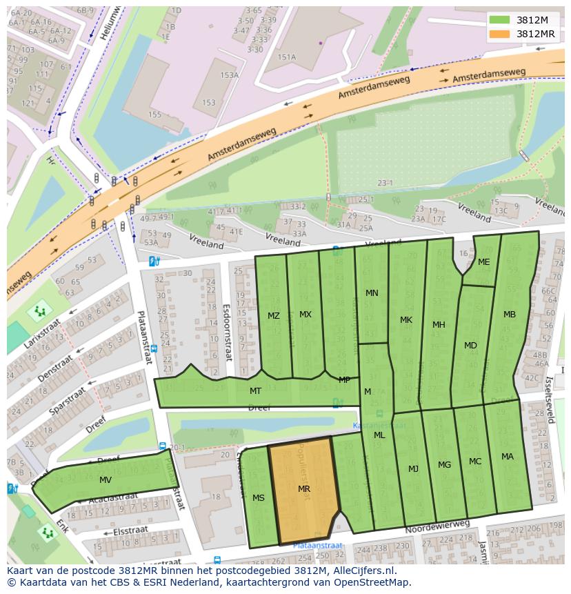 Afbeelding van het postcodegebied 3812 MR op de kaart.