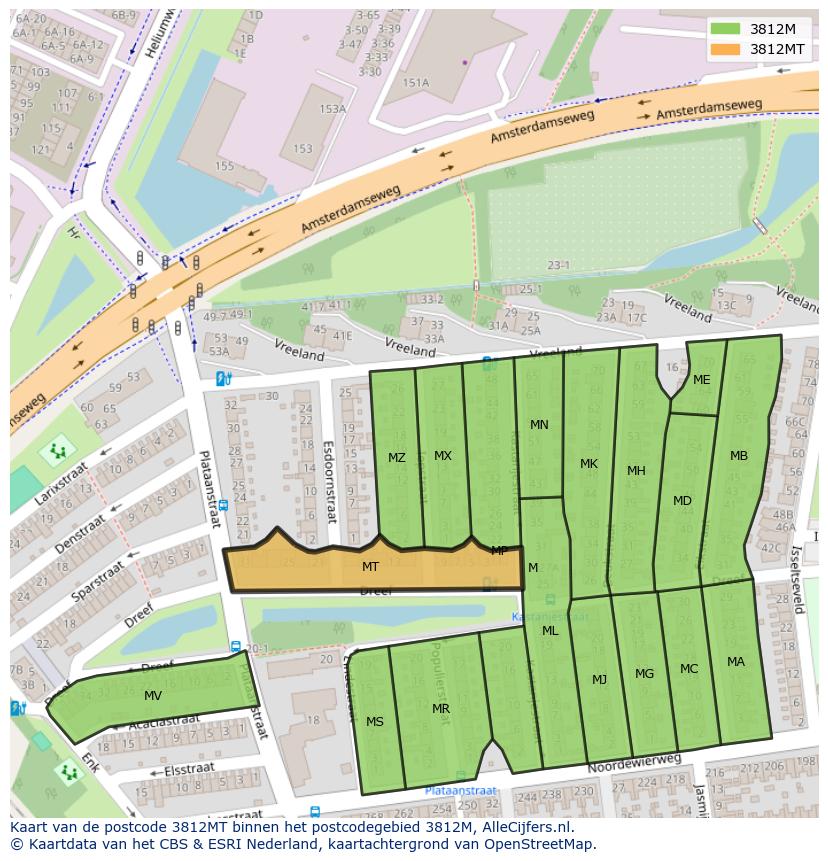 Afbeelding van het postcodegebied 3812 MT op de kaart.
