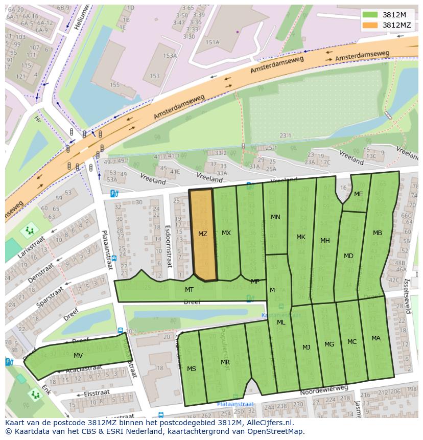 Afbeelding van het postcodegebied 3812 MZ op de kaart.