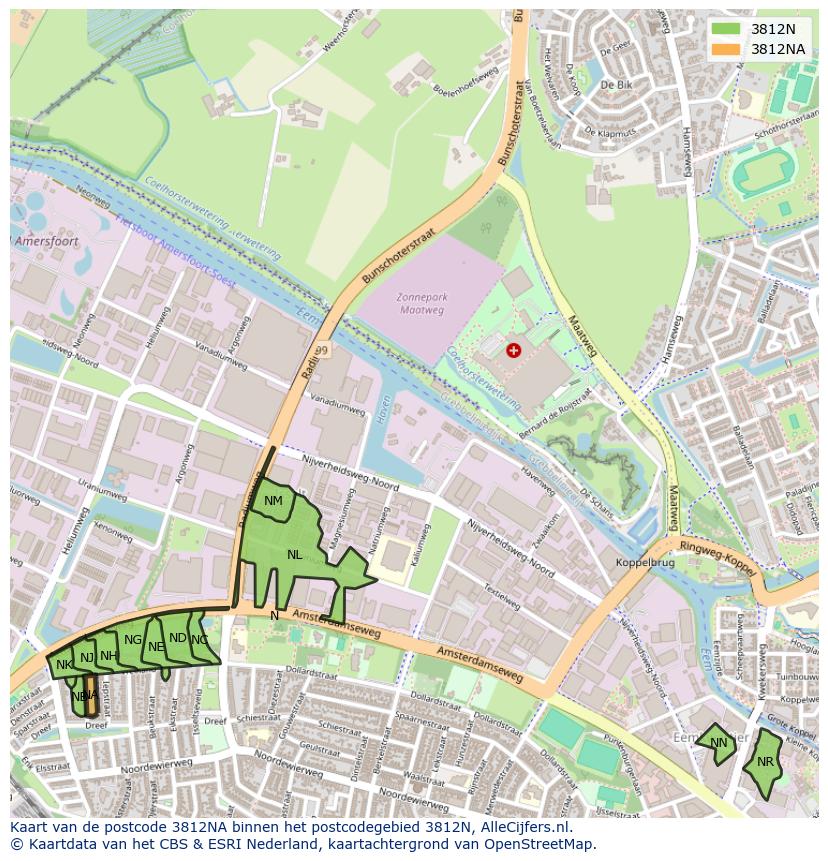 Afbeelding van het postcodegebied 3812 NA op de kaart.