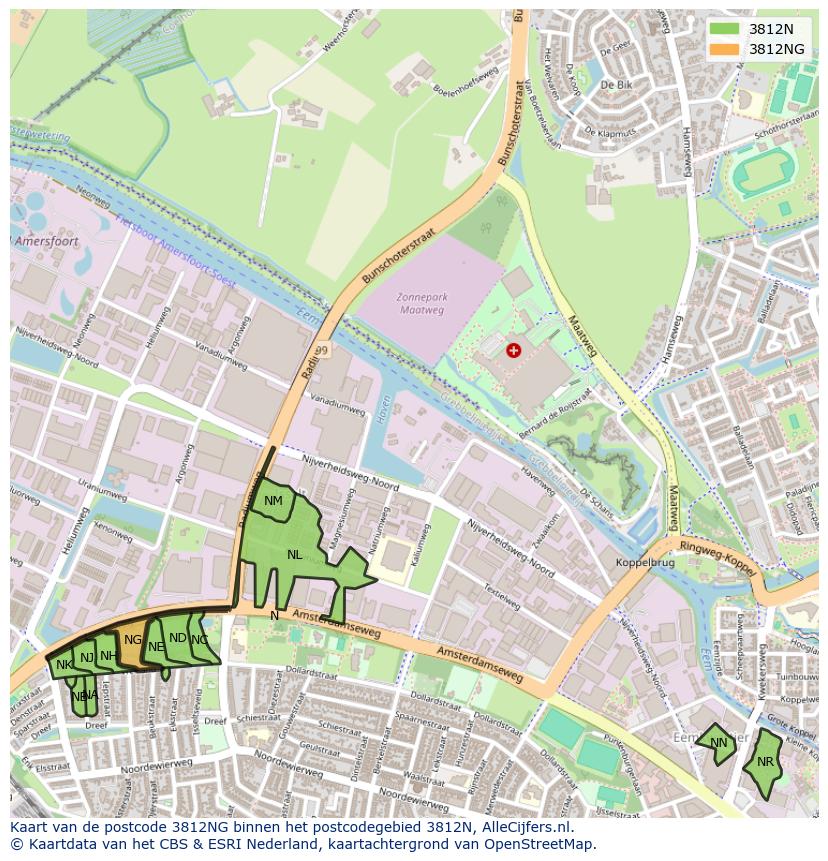 Afbeelding van het postcodegebied 3812 NG op de kaart.