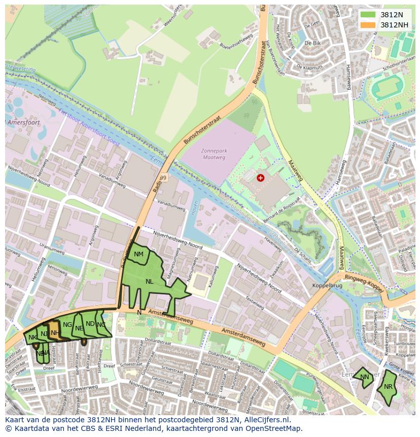 Afbeelding van het postcodegebied 3812 NH op de kaart.