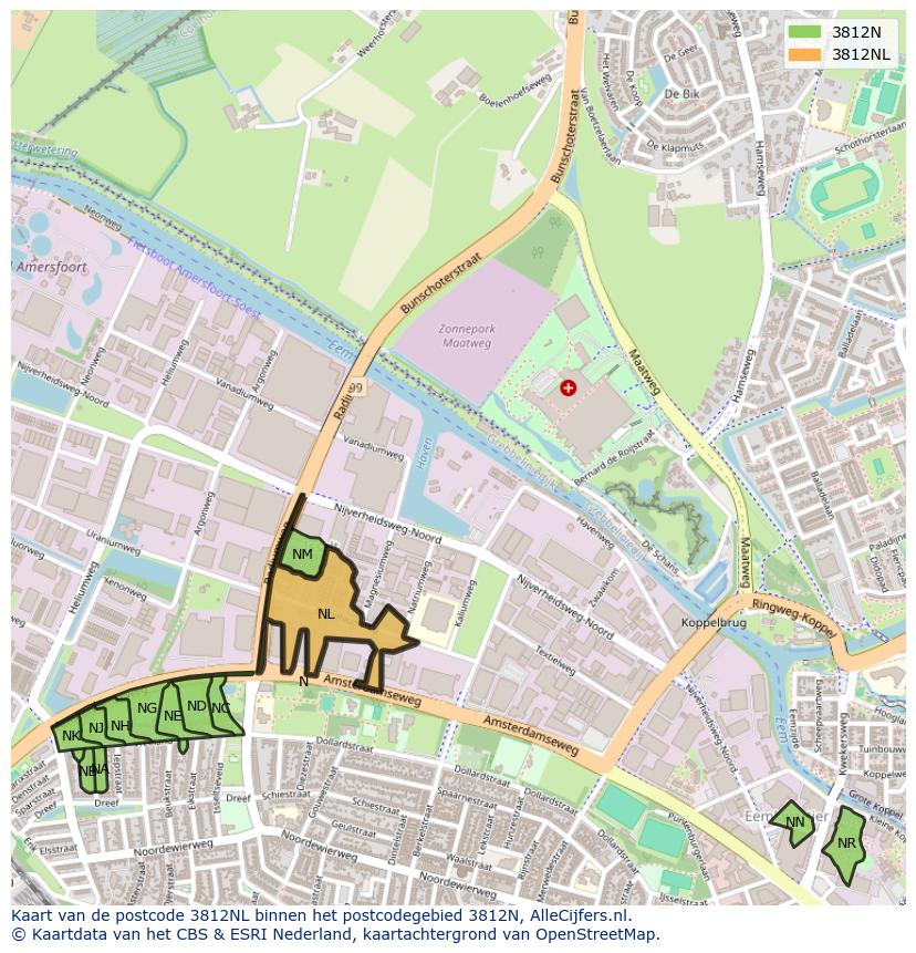 Afbeelding van het postcodegebied 3812 NL op de kaart.