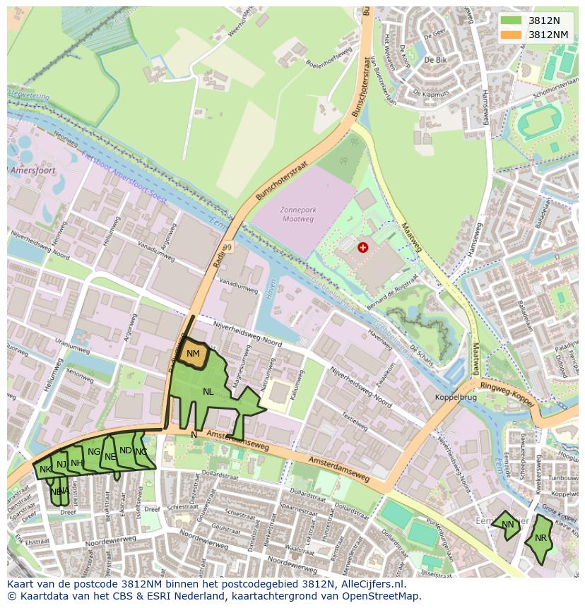 Afbeelding van het postcodegebied 3812 NM op de kaart.