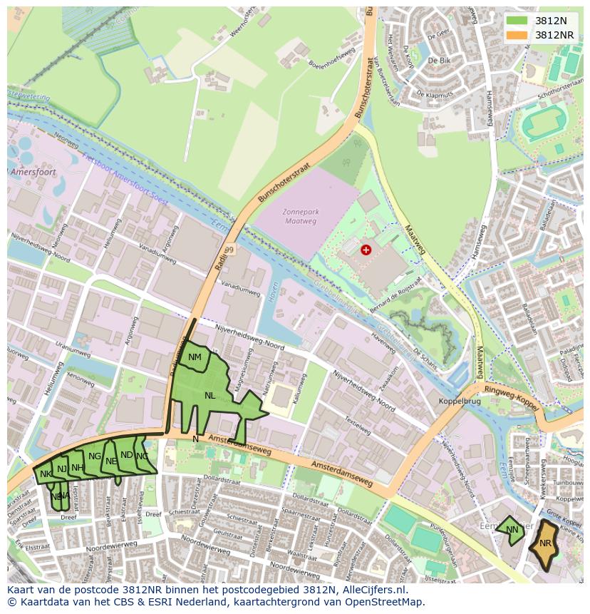 Afbeelding van het postcodegebied 3812 NR op de kaart.