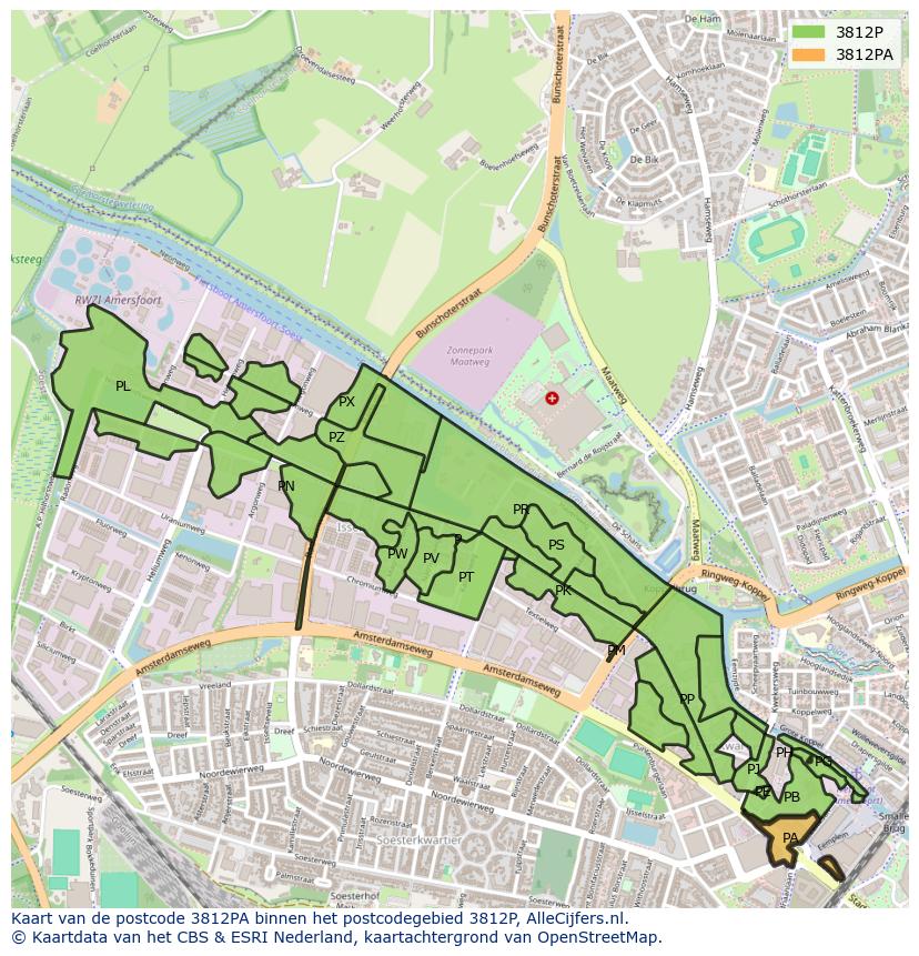 Afbeelding van het postcodegebied 3812 PA op de kaart.