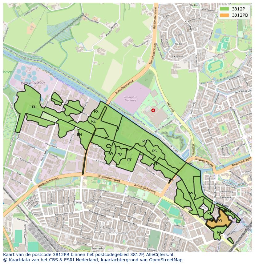Afbeelding van het postcodegebied 3812 PB op de kaart.