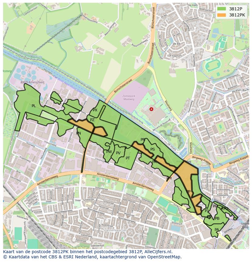Afbeelding van het postcodegebied 3812 PK op de kaart.