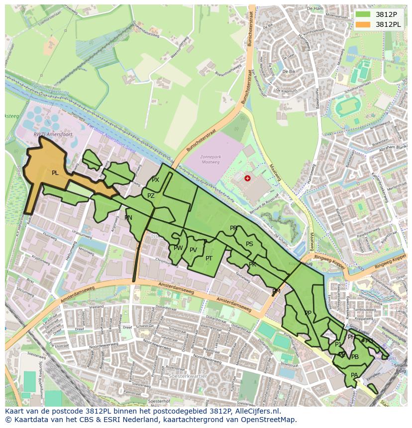 Afbeelding van het postcodegebied 3812 PL op de kaart.