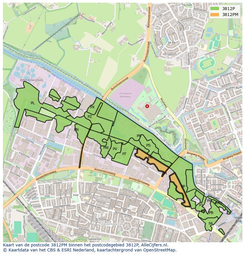 Afbeelding van het postcodegebied 3812 PM op de kaart.