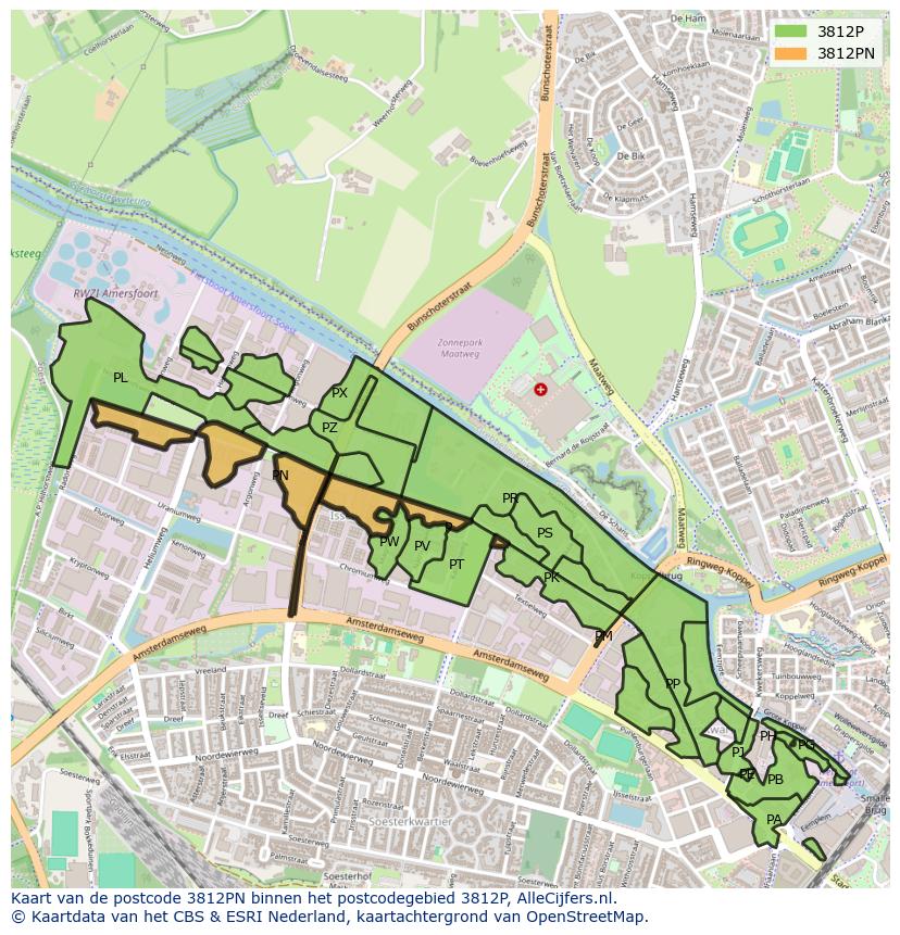 Afbeelding van het postcodegebied 3812 PN op de kaart.