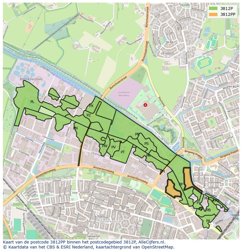 Afbeelding van het postcodegebied 3812 PP op de kaart.