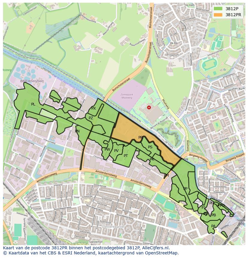 Afbeelding van het postcodegebied 3812 PR op de kaart.