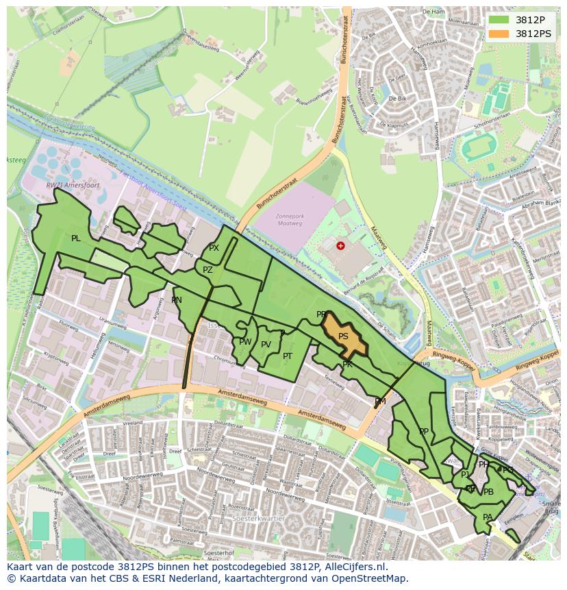 Afbeelding van het postcodegebied 3812 PS op de kaart.