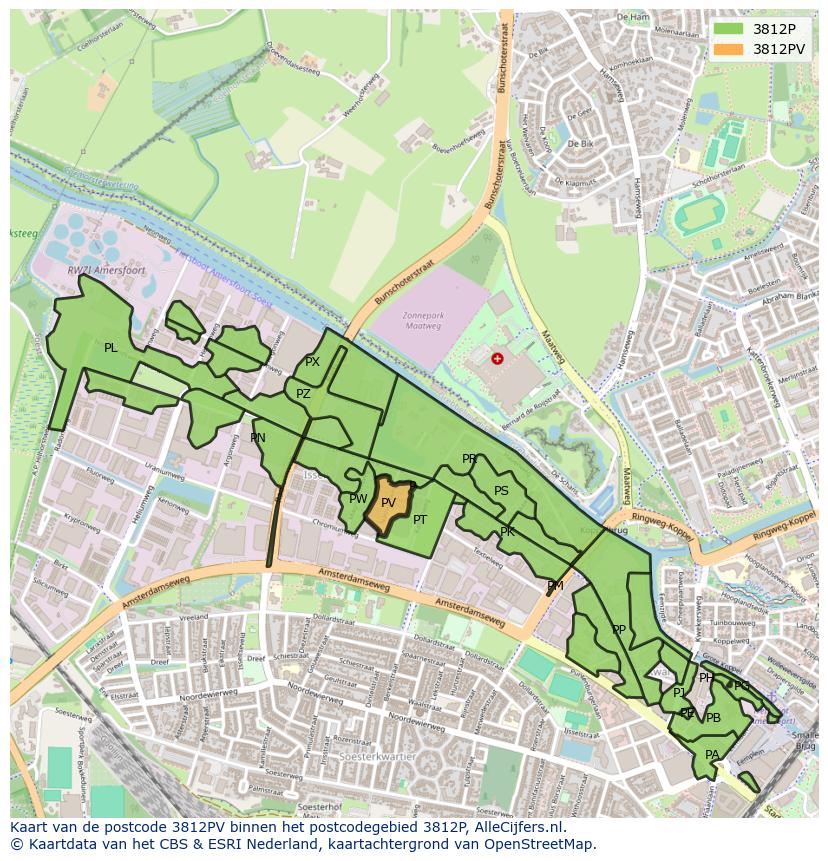 Afbeelding van het postcodegebied 3812 PV op de kaart.