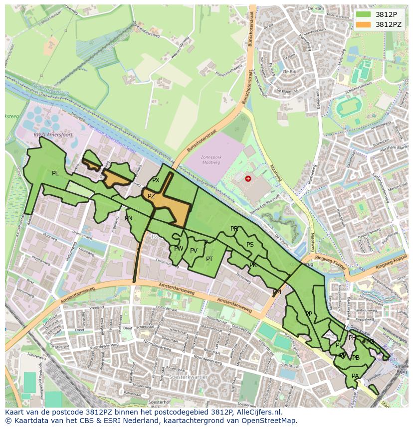 Afbeelding van het postcodegebied 3812 PZ op de kaart.