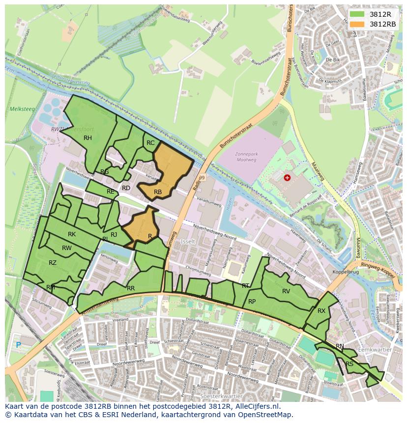 Afbeelding van het postcodegebied 3812 RB op de kaart.