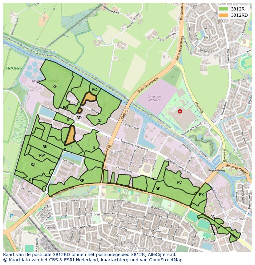 Afbeelding van het postcodegebied 3812 RD op de kaart.