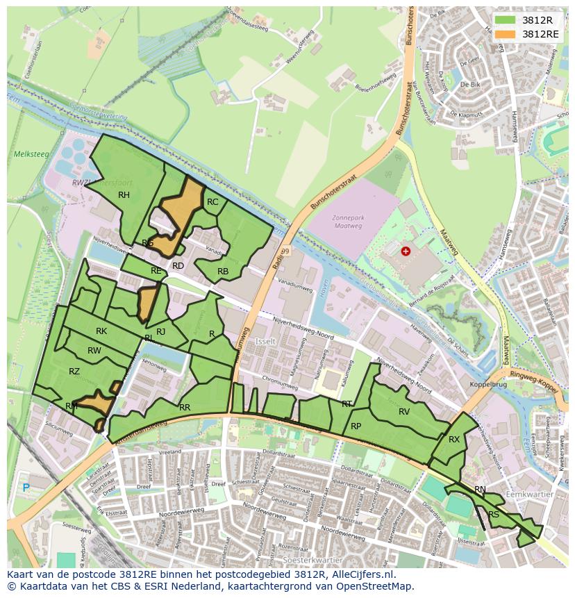 Afbeelding van het postcodegebied 3812 RE op de kaart.