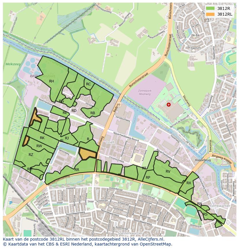 Afbeelding van het postcodegebied 3812 RL op de kaart.