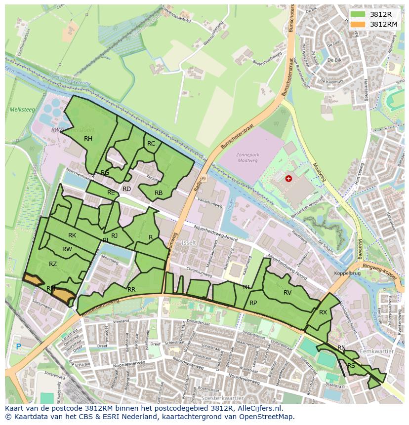 Afbeelding van het postcodegebied 3812 RM op de kaart.