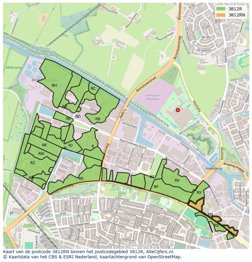 Afbeelding van het postcodegebied 3812 RN op de kaart.