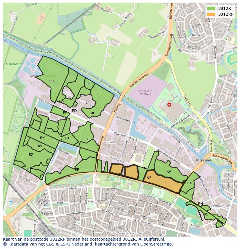 Afbeelding van het postcodegebied 3812 RP op de kaart.
